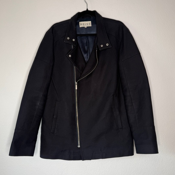 Reiss Other - Reiss Jacket Moto Navy Asymmetrical Zip Silver Hardware Lined Collar Wear XL